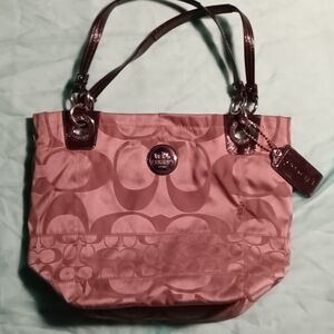 Coach Pink Signature Nylon Tote with Patent Trim